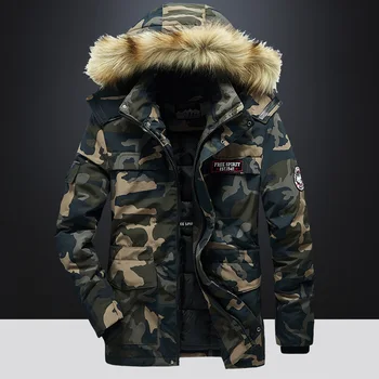 2022 Kış Askeri Kargo Zip Up Kamuflaj Ceket Erkekler Kalın Sıcak Parkas Kürk Kapşonlu Giyim Moda Büyük Boy 4XL 5XL Ceket