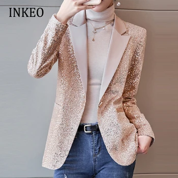 2022 Yeni koleksiyon kadın pullu blazer takım elbise Moda Zarif Tek düğme ceket temel ceket Kulübü Güz Giysi INKEO 2O150