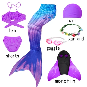 7 adet / grup Kız Mayo Flipper Denizkızı Kuyrukları Yüzme Denizkızı Kuyruğu Yüzgeci İle Çocuk Parti Cosplay Kostümleri Yüzme 3-12Y