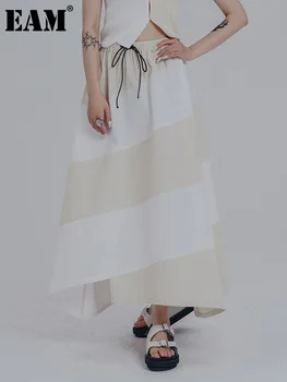 [EEM] Yüksek Elastik Bel Beyaz Bej Çizgili Düzensiz Uzun Yarım vücut Etek Kadın Moda Gelgit Yeni Bahar Sonbahar 2023 1DE9305