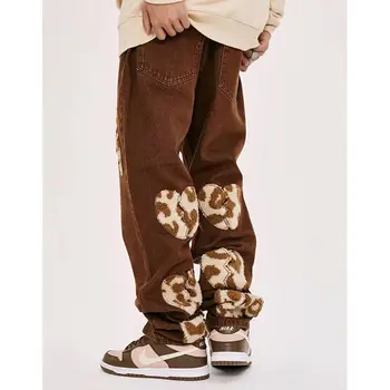 Erkekler Patchwork Kot Orijinal Leopar Baskı Şalvar Kot Kadın Kırık Akın Macun Kumaş Işlemeli Düz Geniş Bacak Pantolon 2XL