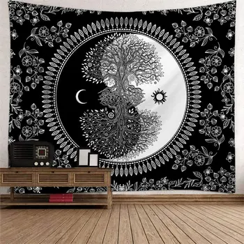 Goblen Psychedelic Güneş ve Ay Duvar Asılı Goblen Yin Yang Sanat Hayat Ağacı Bohemian Hippi Siyah Beyaz Duvar Dekor Battaniye