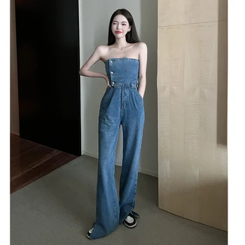 Kolsuz Tulum Kore Moda Yeni Tüp Üst Yüksek Bel Geniş Bacak Pantolon Bölünmüş Denim Tulum Elastik Backless Romper Kadın