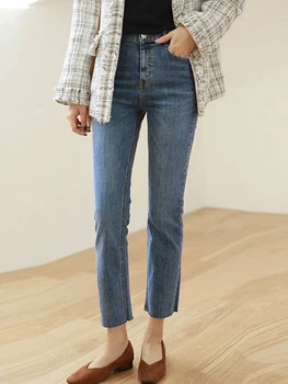 Kot Kadın Yüksek Bel Streetwear Ayak Bileği Uzunluğu Kot Pantolon Kapriler Sonbahar Moda yüksek streç Kadın Düz Bacak Kot vintage